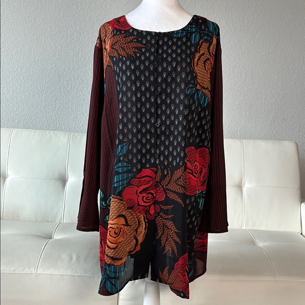 3X Bob Mackie Floral Patterned Long Sleeve Button Down Blouse